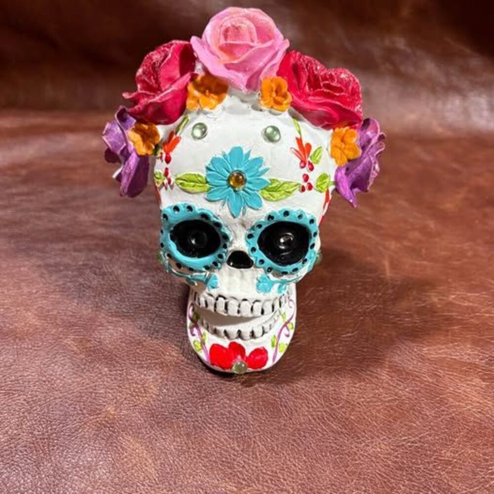 Day of the Dead Sugar Skull Figurine Floral Crown Dia de los Muertos Decor